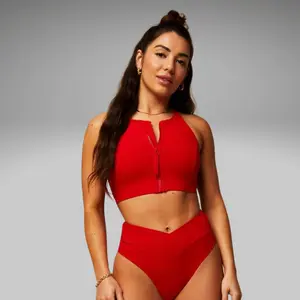 Fabletics Women's High Tide Zip-Front Swim Top red