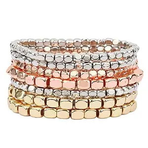 Tri Tone Bead Stretch Bracelet Set - Elegant Multi-Colored Beads in Silver, Pink, and Beige, with a Stretchy Design