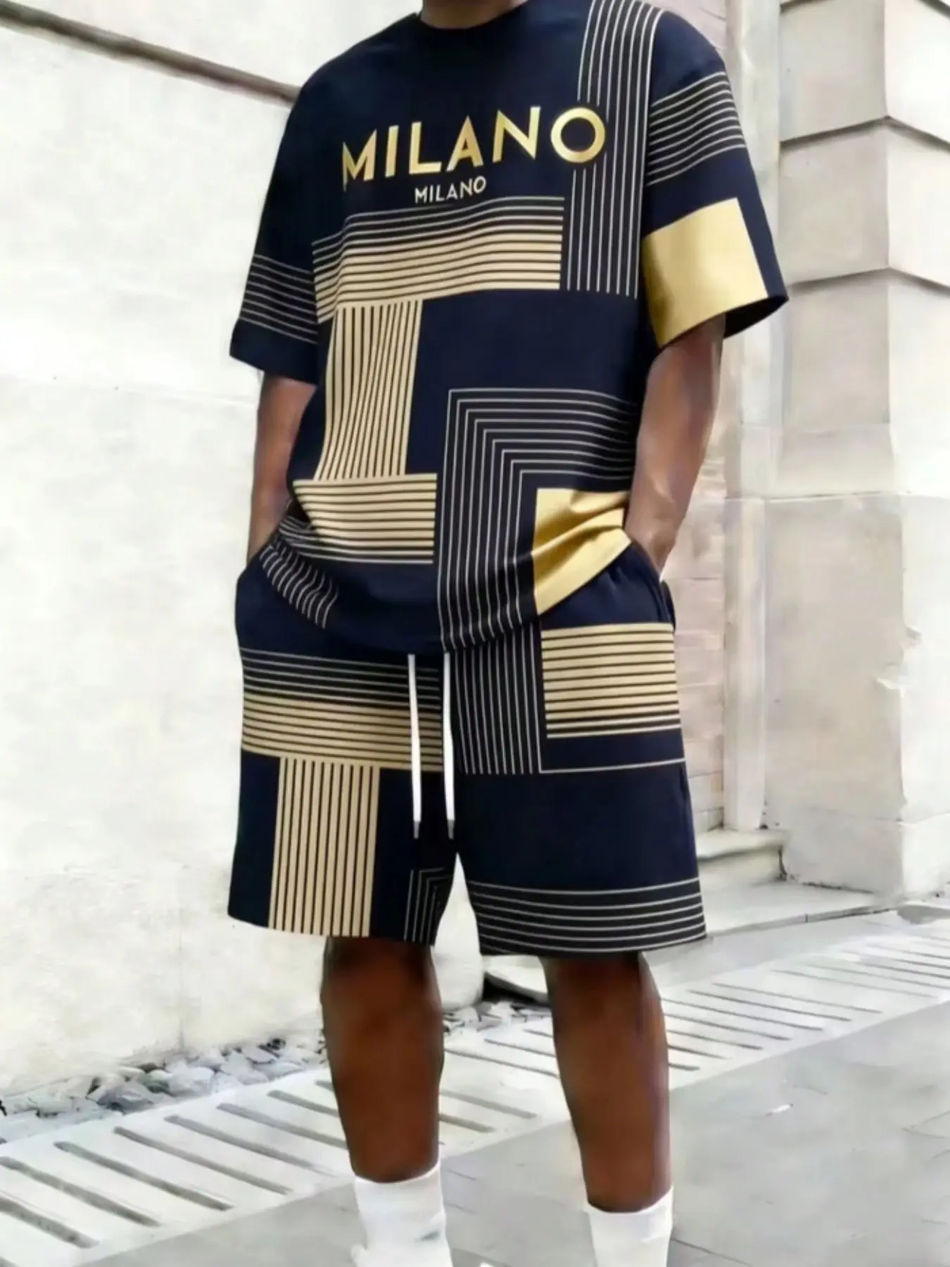 American Luxury Milano Printed Set, Striped Short Sleeve Shorts, Casual Fitted Tee, All Seasons Wear