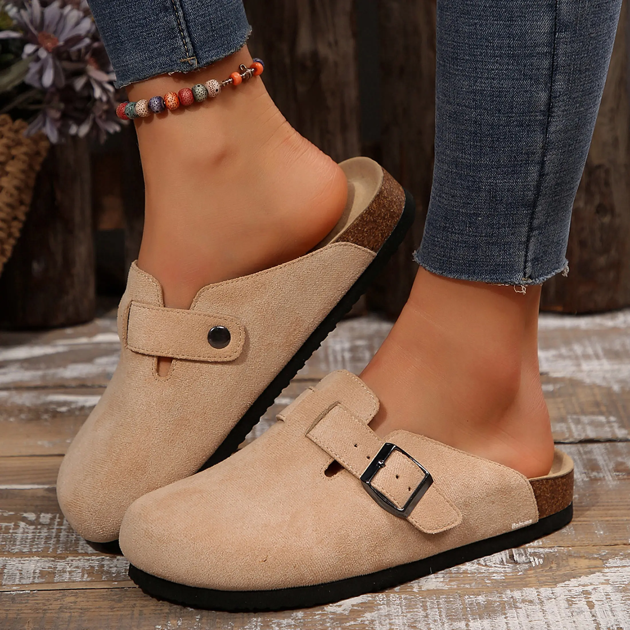 Women's Round Toe Slippers Cork Footbed Slide Clogs With Adjustable Buckle Slip on Mules Potato Shoes Springfresh Summer Vibes
