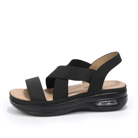 mysoft Wedge Platform Women's Sandals - Open-Toe, Air Cushion Slingback, Elastic Band, Rubber Sole, Shock-Absorbing, Supportive Lightweight Black Walkable Walking Shoes for Summer Casual Outdoor Use