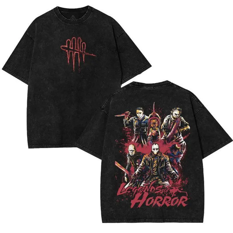 Women's Dead by Daylight Horror Edition Acid Washed Tee - Double Printed, Oversize, Lightweight Cotton Top with Vintage Graphic Design - Halloween Streetwear Inspired by Scary Movies & TV Series