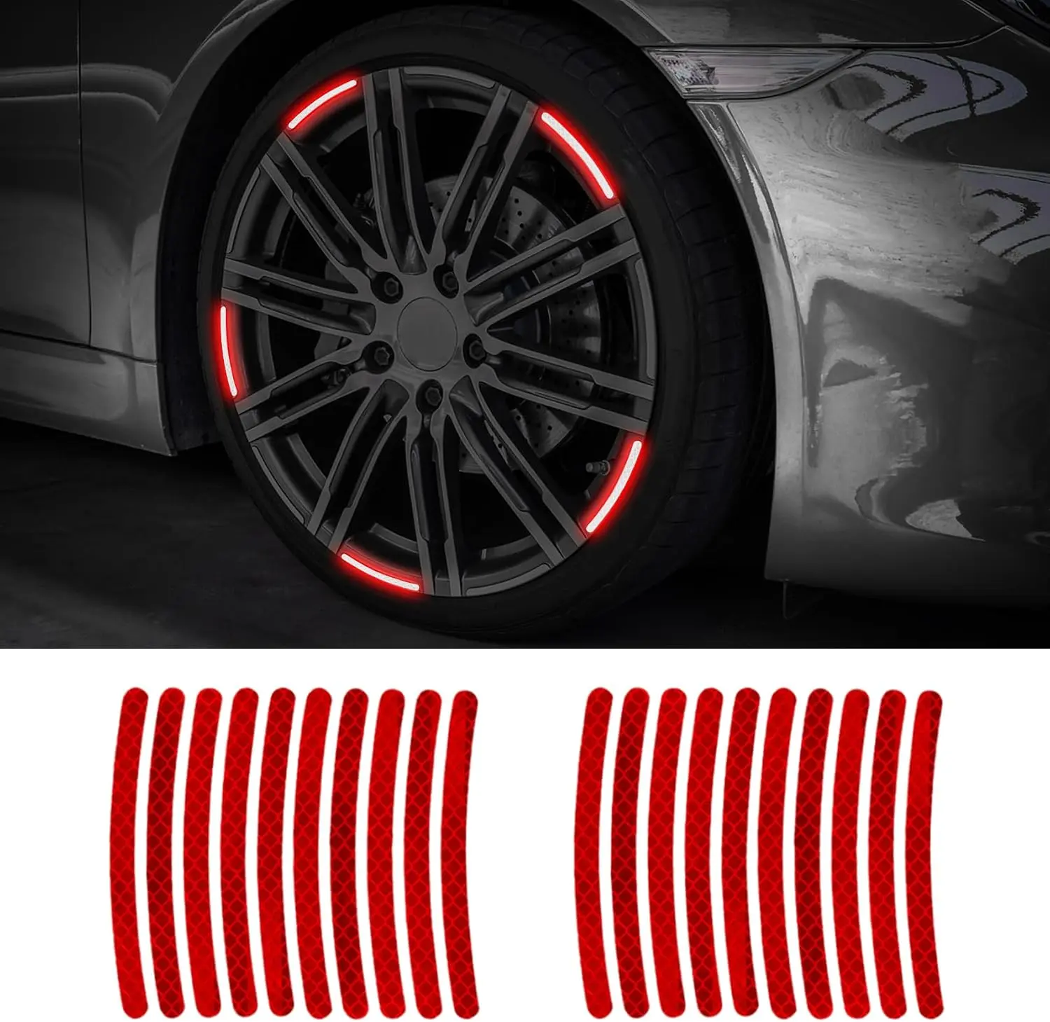 20PCS Reflective Car Wheel Decorative Stripe Stickers, Night Safety Warning Tape Sticker, Anti-Scratch Tire Rims Sticker, Universal Car Exterior Accessories Fluorescent Auto Decals for Motocycle Bike