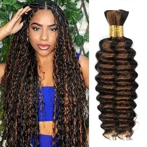【TIMIA】100g 1B/30 High Gloss Bronze Human Braids Deep Wavy Shaggy, Size 16 18 20 22 Feet, 2 Bundles/Pack, Black And Blonde Weftless Curly Braids Hair Extensions For Boho Braids Wet Hair And Wavy Weave Human Hair Bundles