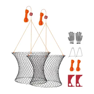 fathersdaygift VEVOR Double Ring Crab Trap, 24 inch Top, 20 inch Bottom, Two Rings Crab Kit, Foldable Fishing Net with Gauge, 60 ft Rope, Wire Grid Bottom, Rock and Blue Crab, Dock Pier Crabbing, 2 Set