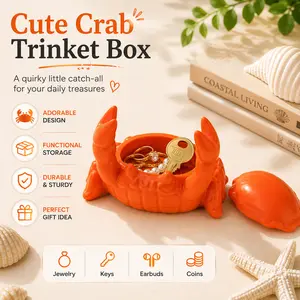 Cute Crab Trinket Box with Removable Lid, Coastal Decorative Storage Holder for Jewelry, Rings, Earrings, Keys, Coins & Earbuds, Unique Beach House Decor Gift