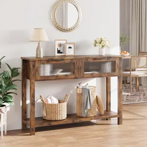 Entryway Table, Wood Console Table with 2 Glass Drawers, 2 Tier Sofa Table with Storage for Living Room, Foyer Tables for Entryway-Vintage