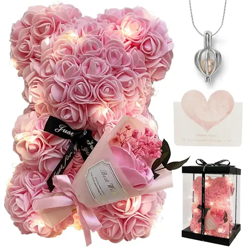 Peach Transparent Artificial Roses & Polyester Teddy Bear Collectibles Kit - 5~7Mm Pearl-Infused, Soft Cuddly Gift, Mothers Day Box, Plushies, Festive Party Supplies, Gifts for Women