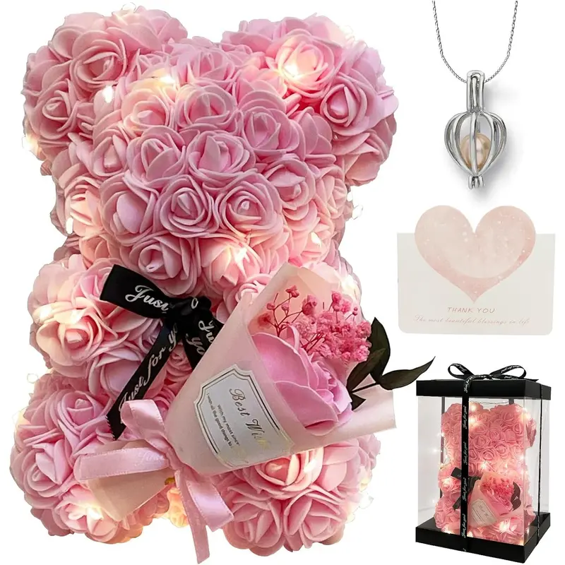 Peach Transparent Artificial Roses & Polyester Teddy Bear Collectibles Kit - 5~7Mm Pearl-Infused, Soft Cuddly Gift, Mothers Day Box, Plushies, Festive Party Supplies, Gifts for Women