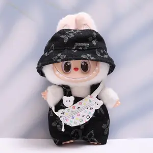 Labubu Clothes Trendy Four-Leaf Clover Print Set: Four-Leaf Clover Overalls + Bucket Hat + Crossbody Bag (Labubu Doll Accessories)