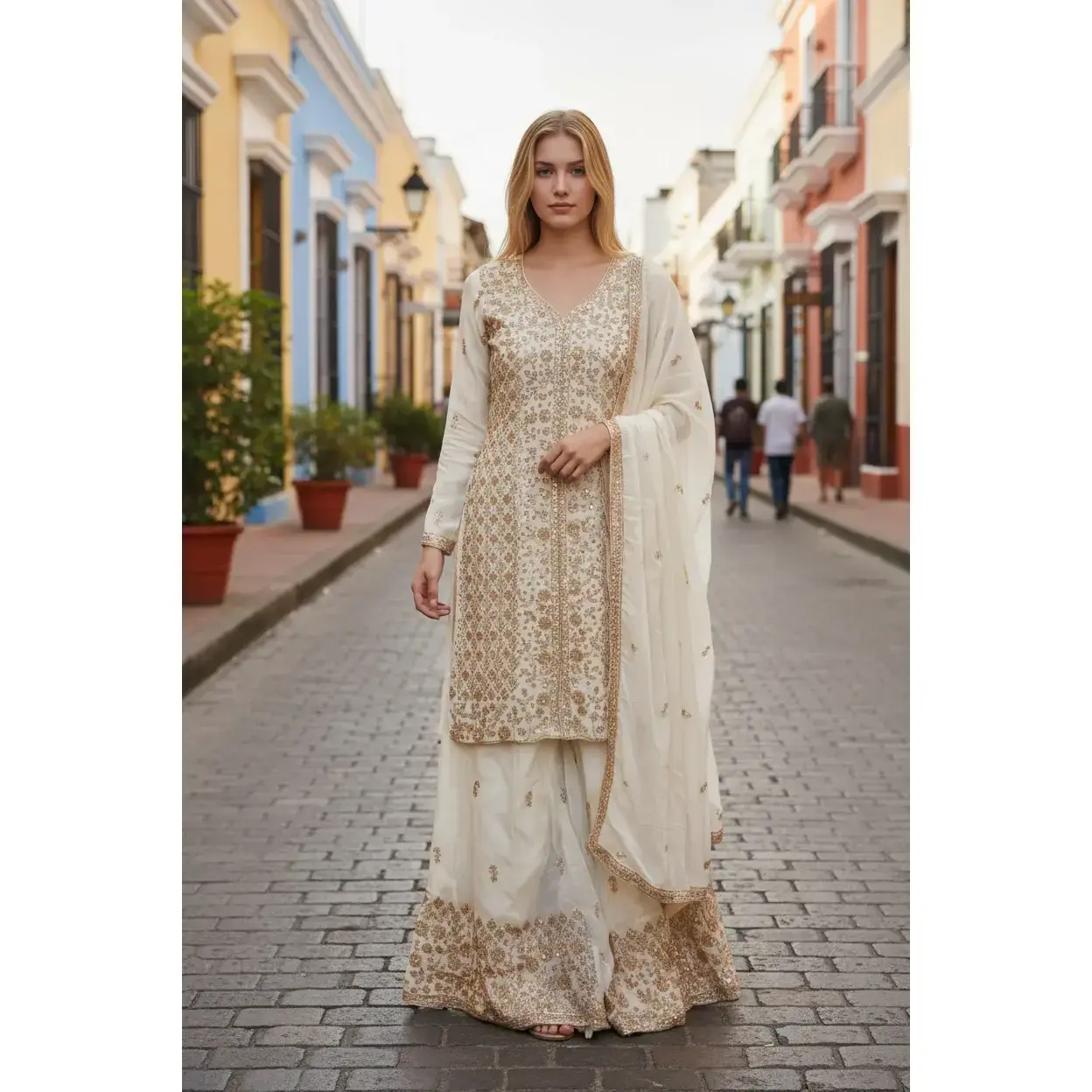 Heavy Work Russian Plazo Dress, Cultural Wear for Women