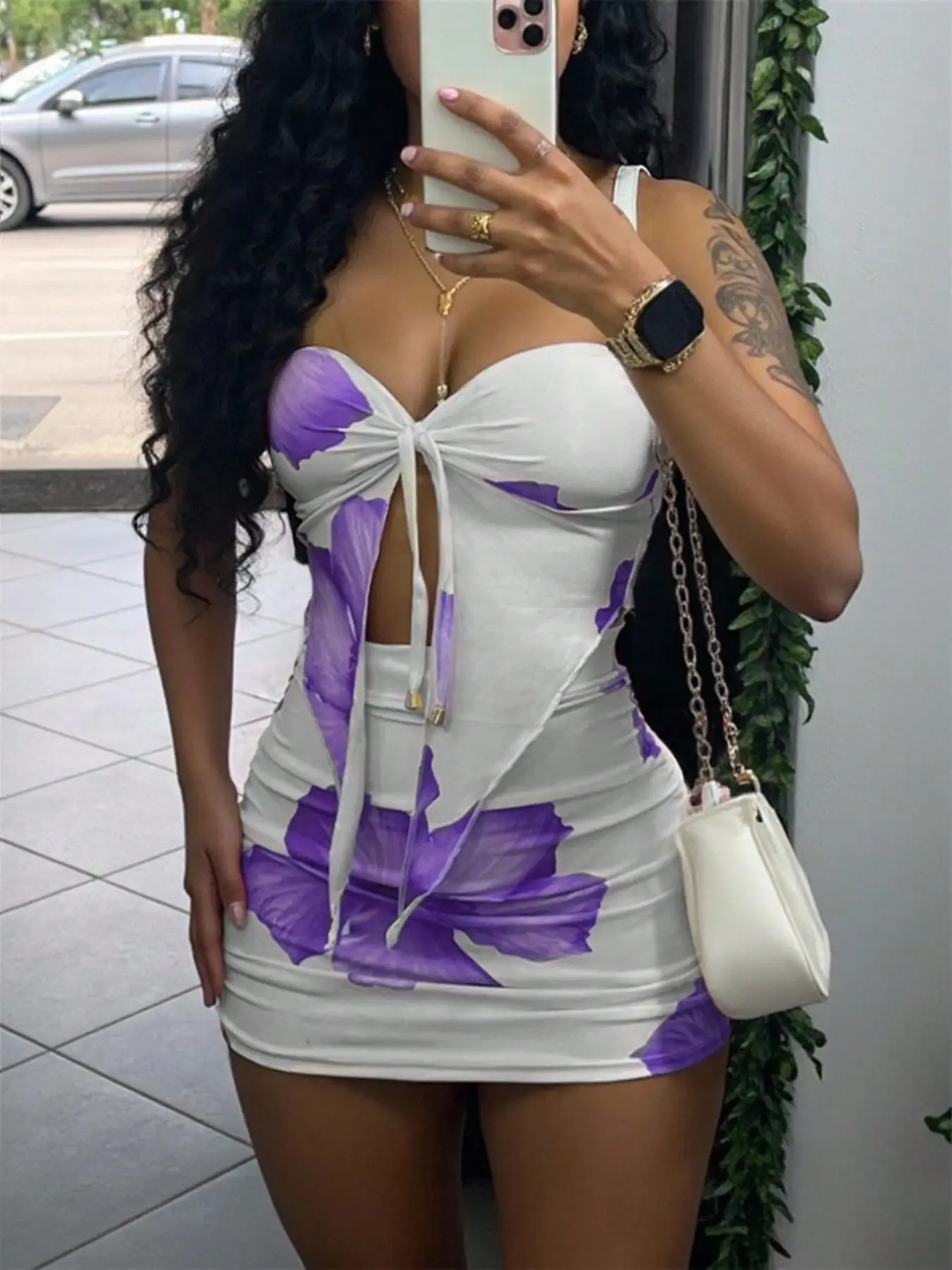Summer New Women's Set Floral Fashion Fabric Bustier Top Sexy Slim Fit Bodycon Short Skirt Two-Piece Outfit, Stylish and Comfortable, Matching Sets