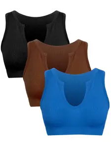 Women's Solid Notched Wireless Sports Bra, Workout Bra, Sporty Ribbed Bra, Ladies Sportswear for Indoor Outdoor Wear