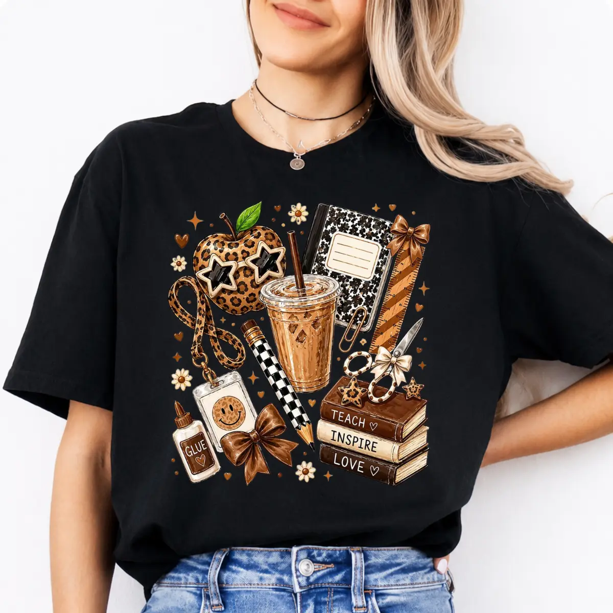 Leopard Teacher Shirt, Cute Teach Inspire Love Graphic Tee, Coffee Notebook School Supplies Shirt, Back to School Teacher Gift, Teacher Tee