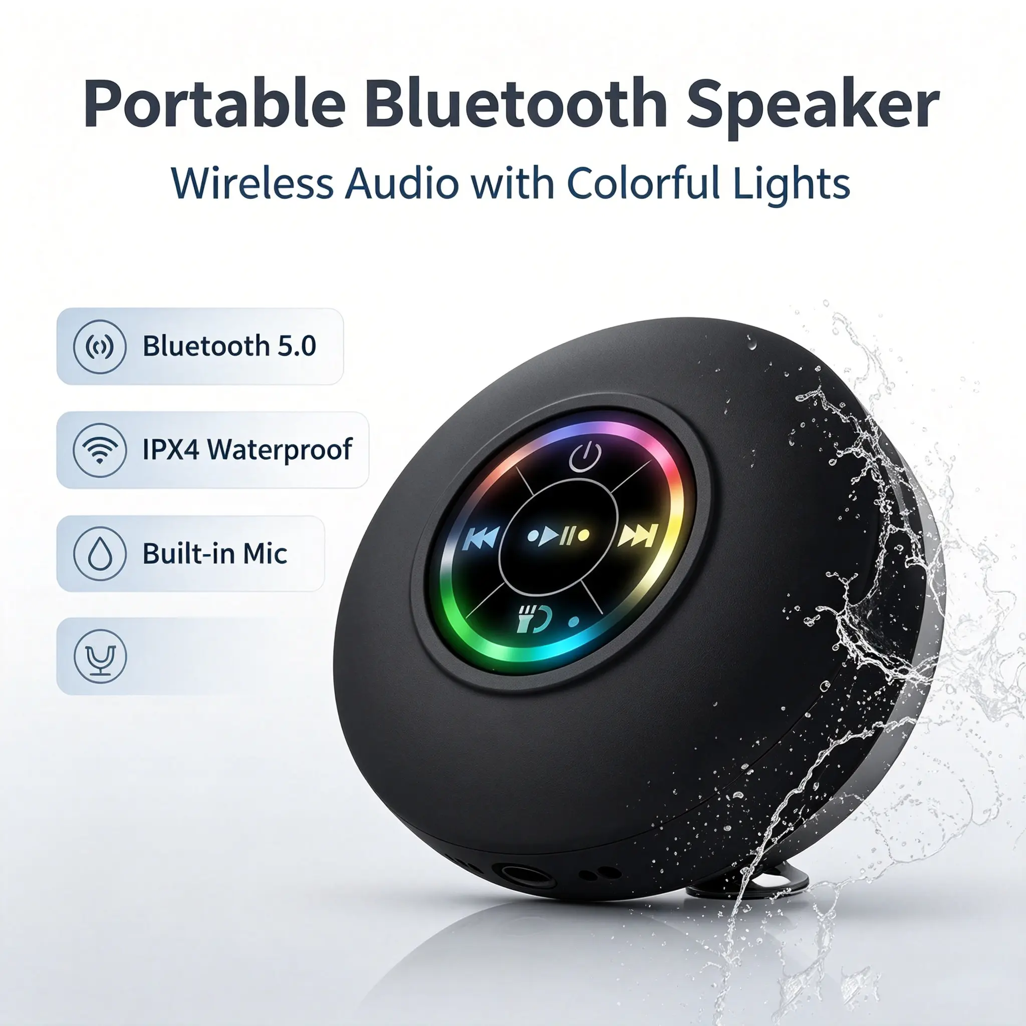 Compact Portable Bluetooth Speaker - Bluetooth 5.0 Connection, IPX4 Waterproof Rating, Built-in Mic, Colorful Lights, Wireless Audio Playback