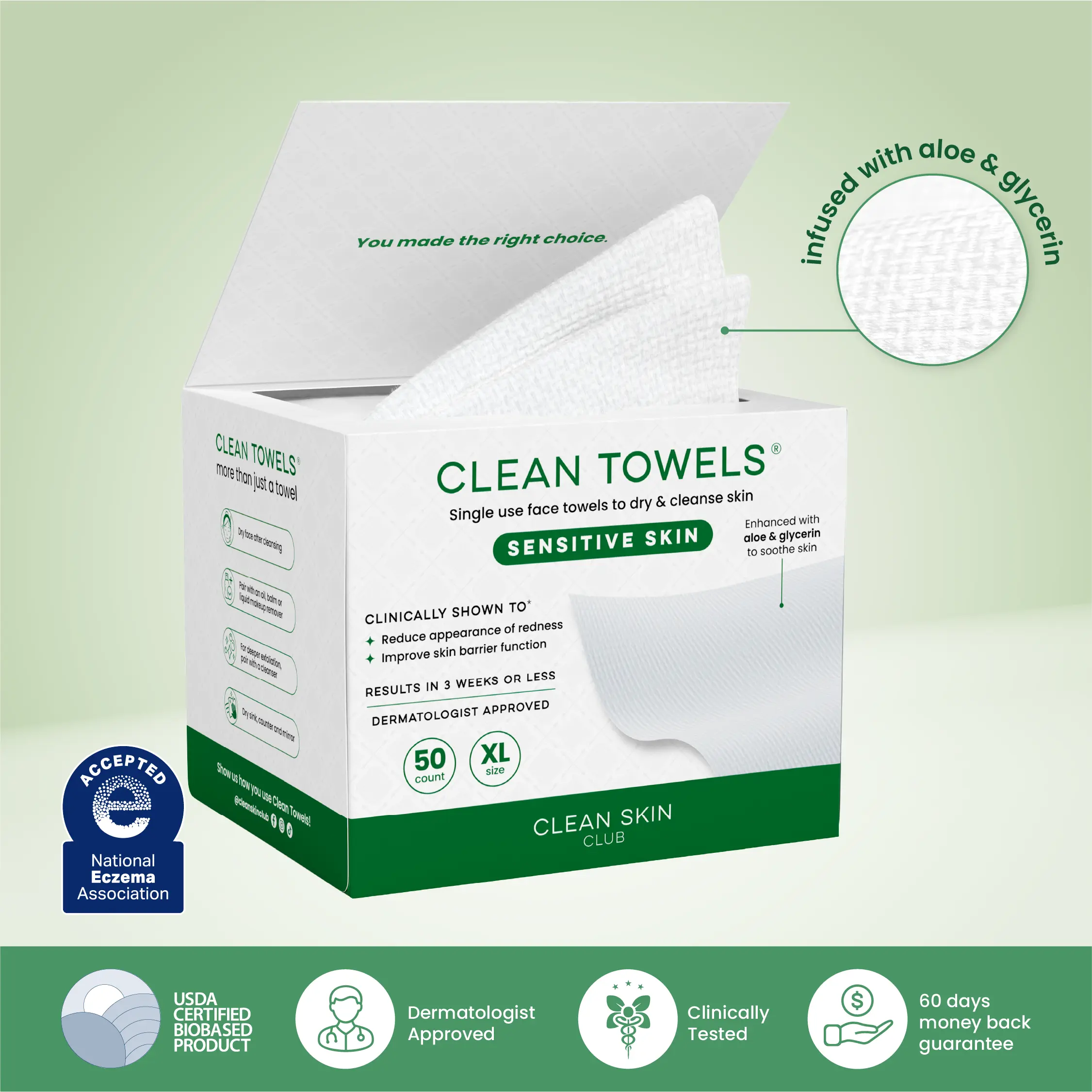 Clean Skin Club Clean Towels® XL Sensitive Skin | Ultra-Soft Disposable Face Towel Infused with Aloe & Glycerin | Dermatologist-Approved, Single-Use Towelette for Sensitive & Reactive Skin, 50 count