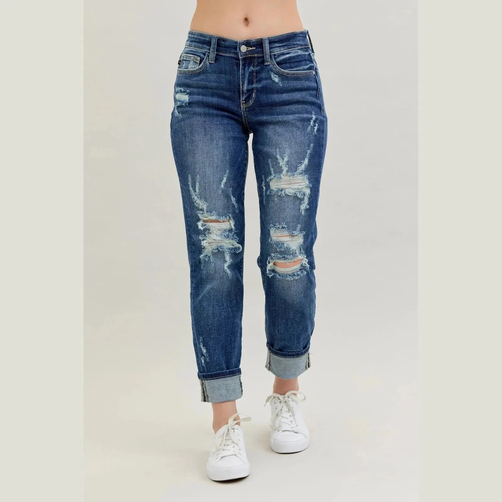 Judy Blue Full Size Mid Rise Cuffed Destroy Bf Jeans Plus Size