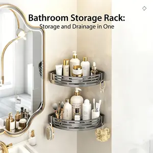 Bathroom triangular shower storage box, bathroom storage organizer, Bathroom Shower Organizers, towel hook, wall-mounted design without drilling, corner bathroom shelf for home storage, featuring both modern and classic styles.