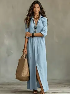 2026 Spring Summer Fashion Casual Solid Color Lapel Front Split Long Dress, High-End Versatile Elegant Retro Style Dress, Suitable for Commute and Leisure