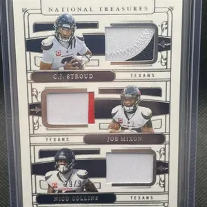 National Treasures C.J. Stroud, Joe Mixon, & Nico Collins Texans Autographed Card with Game-Used Jersey
