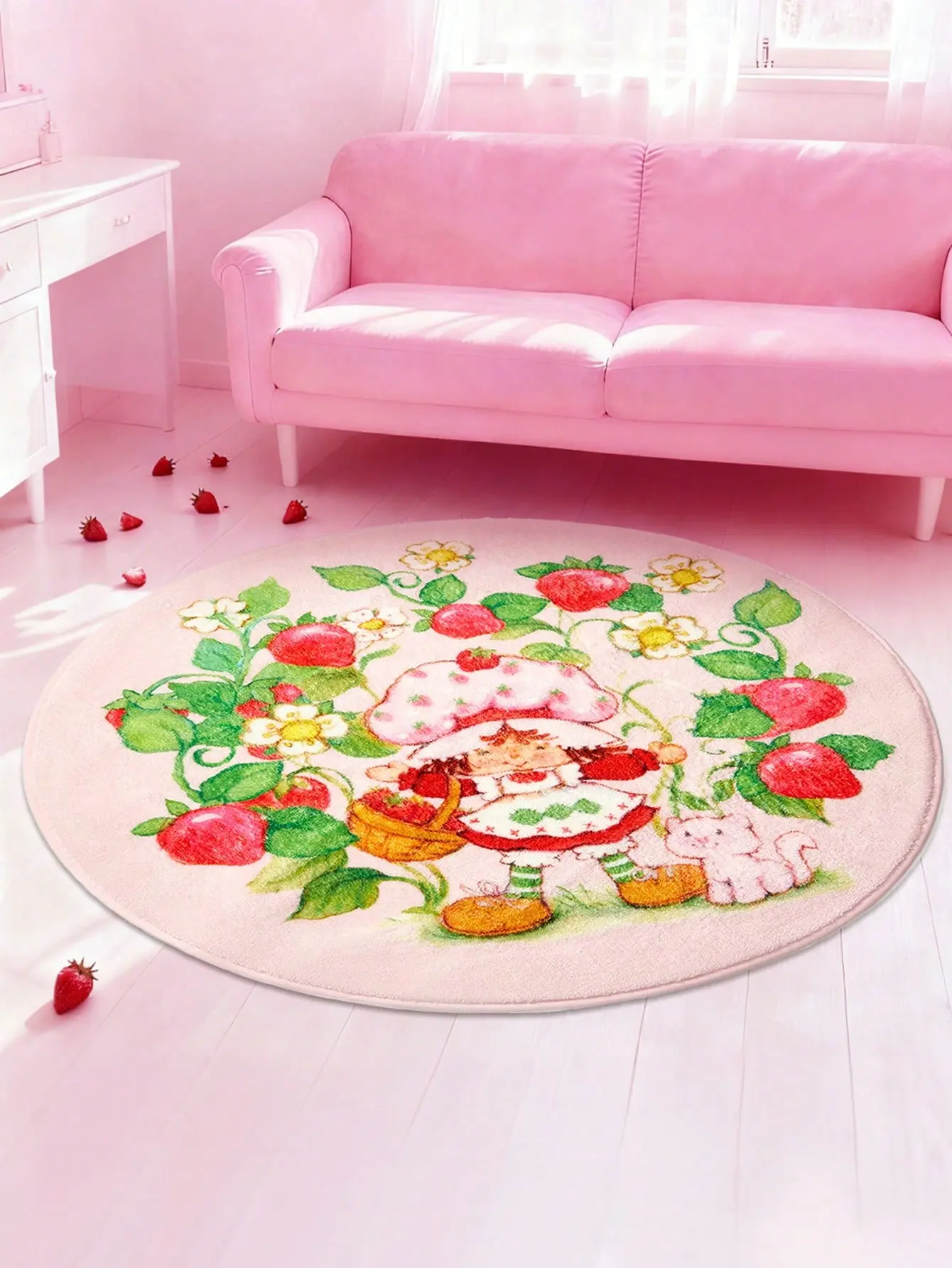 Strawberry Shortcake Cartoon Character Plush Rug, Fluffy Soft Non-Slip Carpet, 60/80/100/120 cm Fluffy Soft Plush Area Rugs, Ideal Gift Idea, Fluffy Plush Area Rugs, Cartoon Character Area Rugs