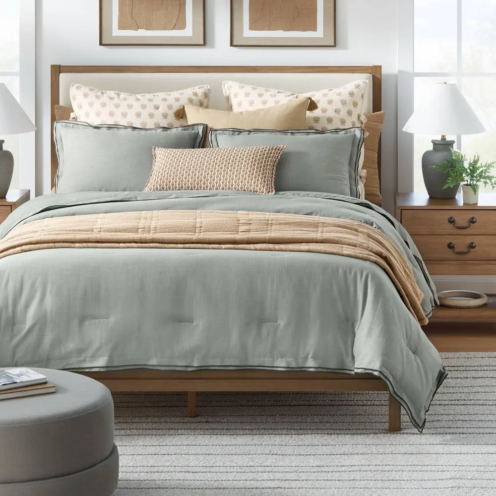 Full/Queen Double Flange Merrow Sti Thread Counth Comforter & Sham Set Light Teal Green/Dark Gray - Threshold designed with Studio McGee: