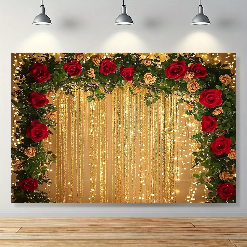 1pc Elegant Red Flower Wedding Backdrop Banner, Golden Ribbon Polyester Party Decoration Supply, No Electricity Needed, All-Season Indoor-Outdoor Use, Ideal for Romantic Events, Birthday Party & Birthday-Themed Festive Backdrops & Banners