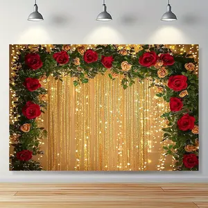 1pc Elegant Red Roses & Golden Ribbon Wedding/Party Backdrop - No Electricity Needed, All-Season Decoration for Indoor/Outdoor Events, Christmas, Valentine's, Anniversaries - Romantic Floral Decor