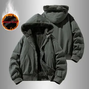 Winter Fleece Lined Hooded Work Jacket Military Style Plush Insulated Coat