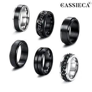 Cassieca 6PCS Stainless Steel Spinner Rings 6/8MM Black Cool Chain Design for Men Women Anxiety Stress Relief Fashion Wedding Promise Band Size 7-13 Trendy Jewellery Accessories