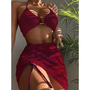 Swim Summer Beach Textured Bikini Set Ring Linked Triangle Bra & Cheeky Bottom & Cover Up Skirt 3 Piece Bathing Suit