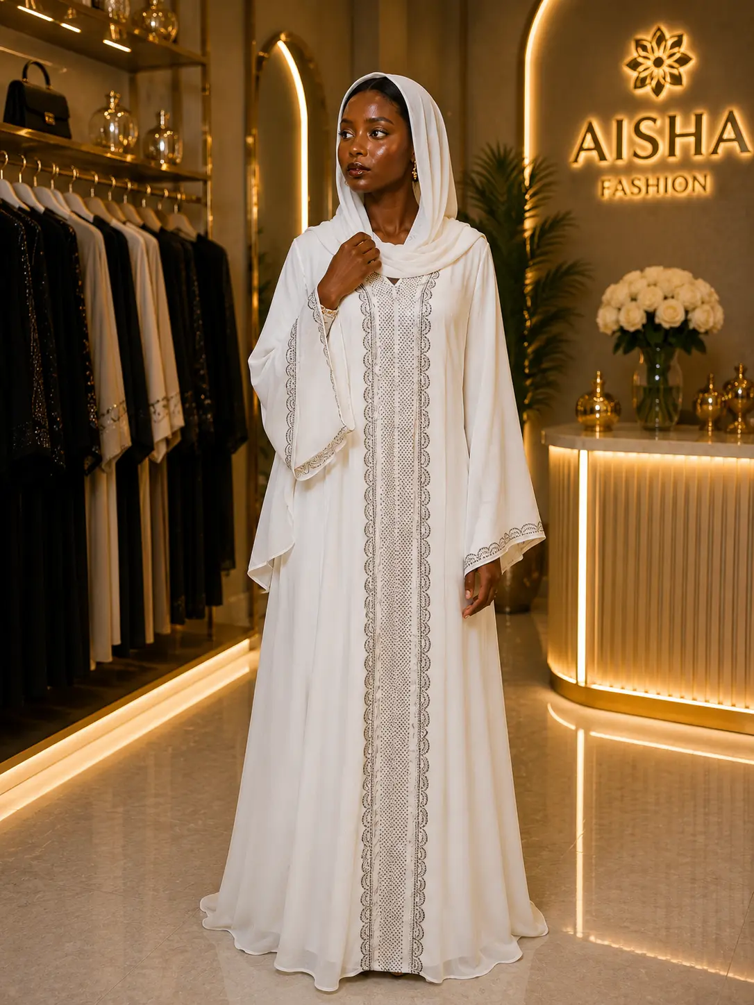 Elegant WHITE Embroidered Abaya with Matching Hijab