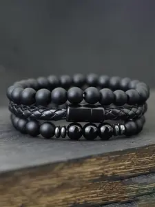 Men's Vintage Beaded & Leather Braided Bracelet, Fashionable Bracelet for Men, Casual Trendy Accessories for Party, Daily Decor