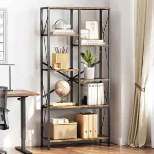 【GARVEE】2024 New Industrial Bookshelf 31.49 inches Width Split Level Vintage Storage Bookcase Tall Standing Metal Frame Open Display Racks Large Book Shelf for Bedroom, Living Room, Home Office