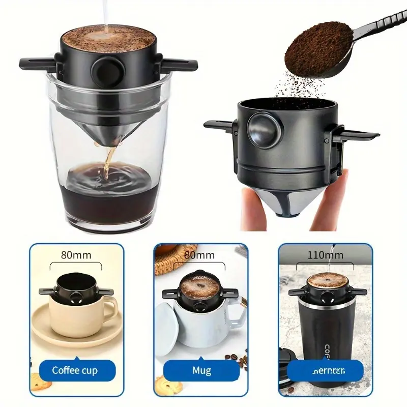 Portable stainless steel reusable pour over coffee filter with foldable drippers and ear hooks - an easy-to-pour design, including storage space for brewing rich and smooth coffee at home or on the go