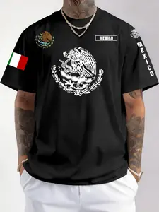 Mexican Culture Theme Sporty T-Shirt, Patriotic Gift for Men, Athletic Style Shirt, Round Neck Short Sleeve Top, Streetwear & Casual Daily Wear, Athleisure Tee