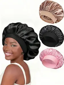1pcs Silk Sleep Bonnet Satin Hair Wrap For Curly Natural Hair Soft Elastic Night Cap Frizz Control Black Gold