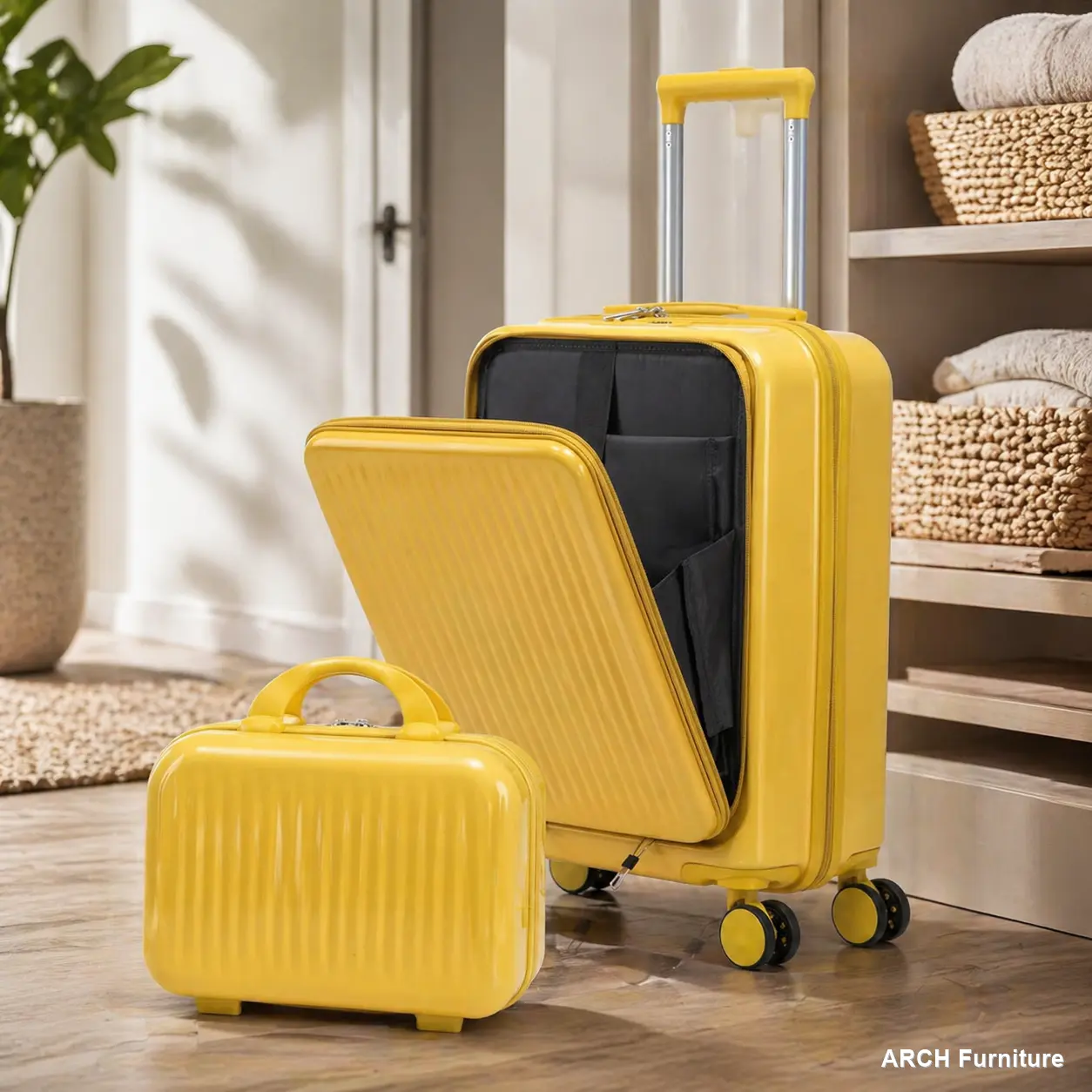 Modern Stripe 2-Piece Travel Set, Yellow ABS Hardshell 20" Rolling Luggage with Front Opening and Spinner Wheels, Includes 14" Cosmetic Case, Luggage Sets, Travel Sets
