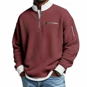 2026 European and American trendy new style waffle knit sweatshirt, fashionable and casual men's American-style long-sleeved zip-up hoodie. Knitwear