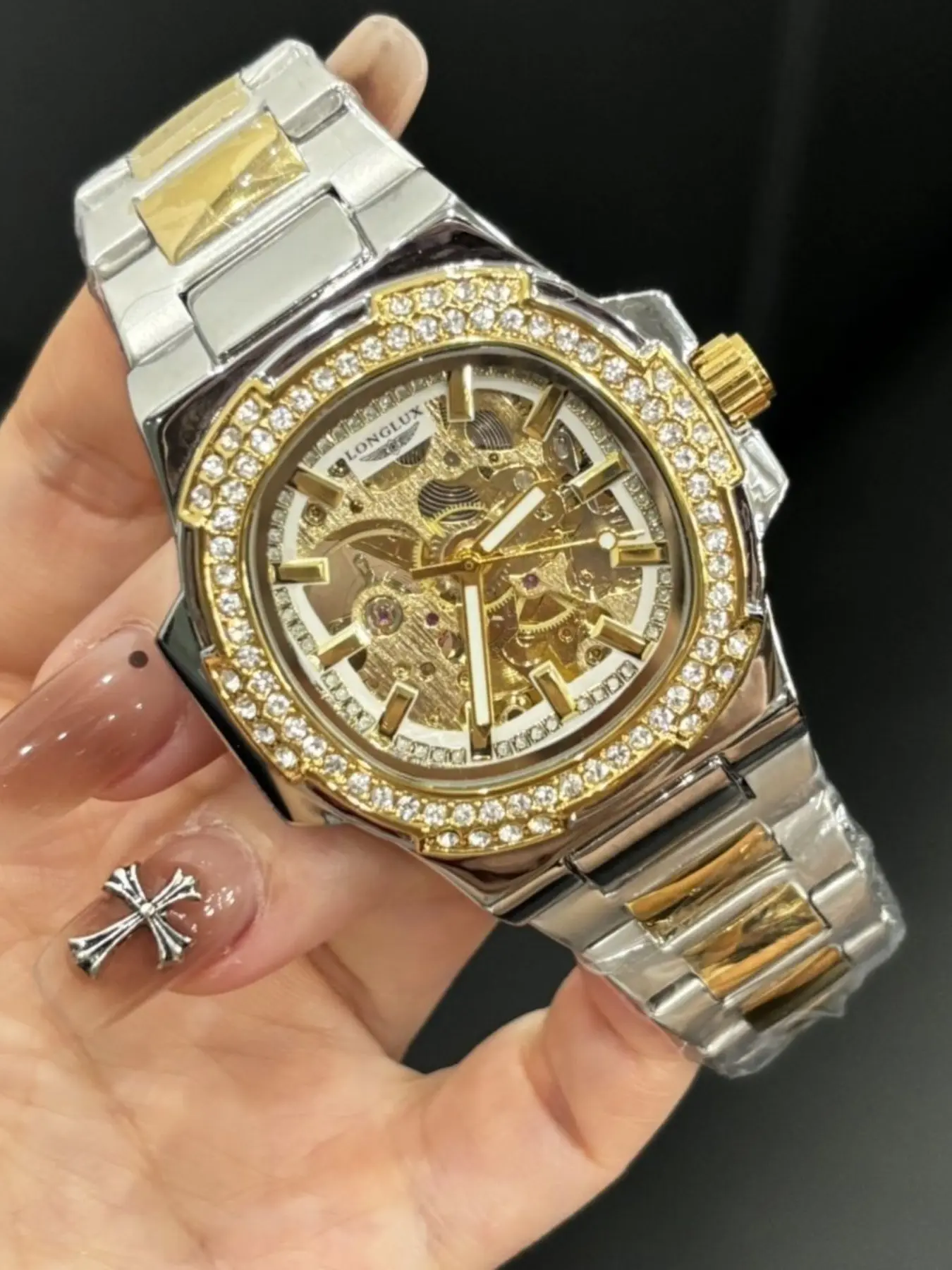 Men's Automatic Mechanical Watch, Luxury Diamond Dial, Silver Color Stainless Steel Strap, Waterproof Square Face, Business Casual Gift