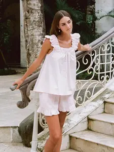 Girlfriend Pajama Set, Comfortable Two-Piece Loungewear for Parties, Vacations, Home, Summer Sleeveless Shorts, Elegant Ruffle Design