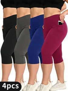 4-pack women’s high-waisted plus-size capri pants—casual and comfortable, soft and breathable, highly elastic stretch waistband, butt-lifting design, athletic fitness leggings