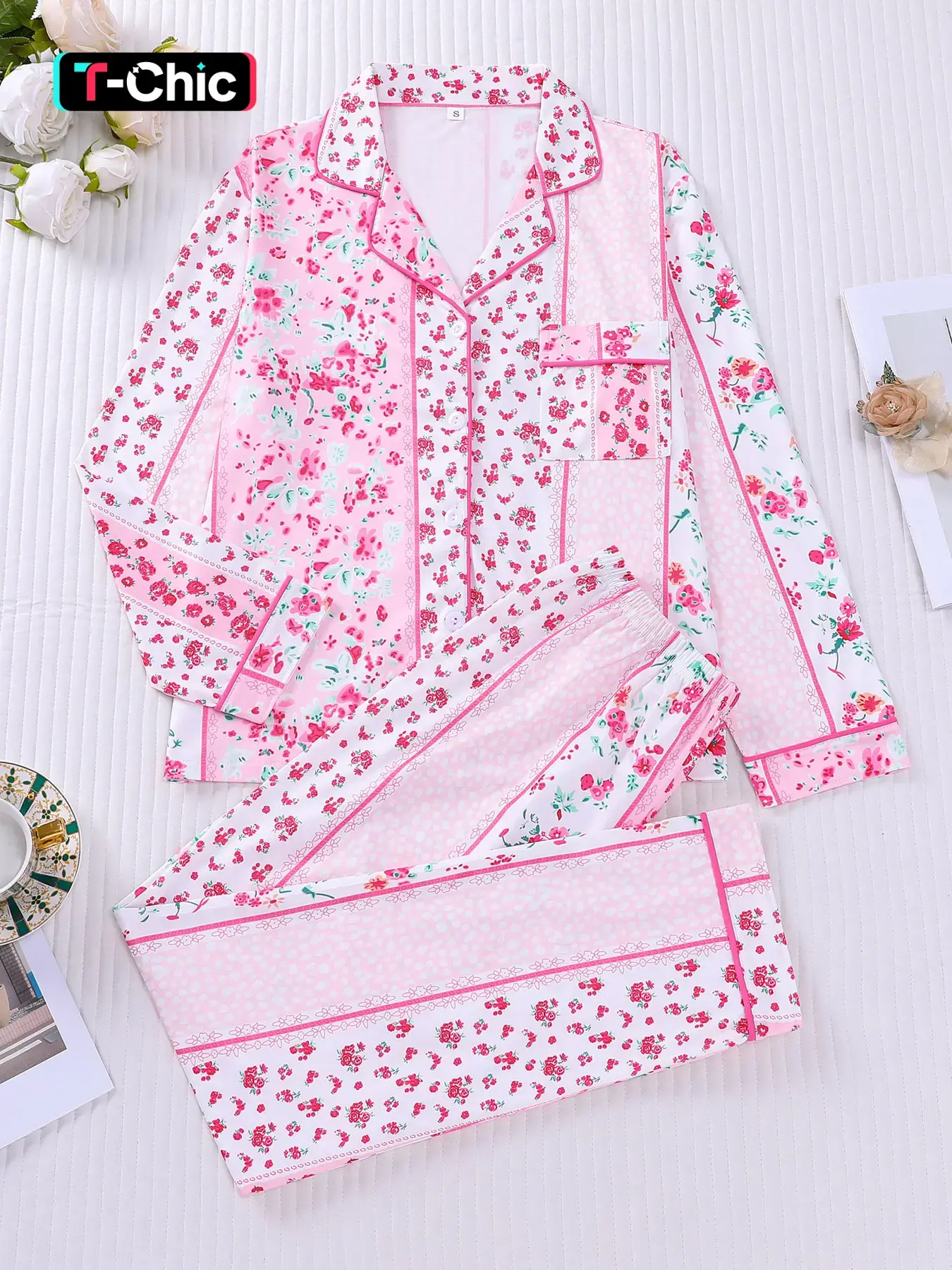 2-piece set with snake skin pattern floral long sleeved pants, Knitted, Lightweight, soft, comfortable, Fit, smooth button closure top, small pocket, elastic waistband, suitable for all seasons home, homewear, casual wear, pajamas, Loungewear, Nightwear
