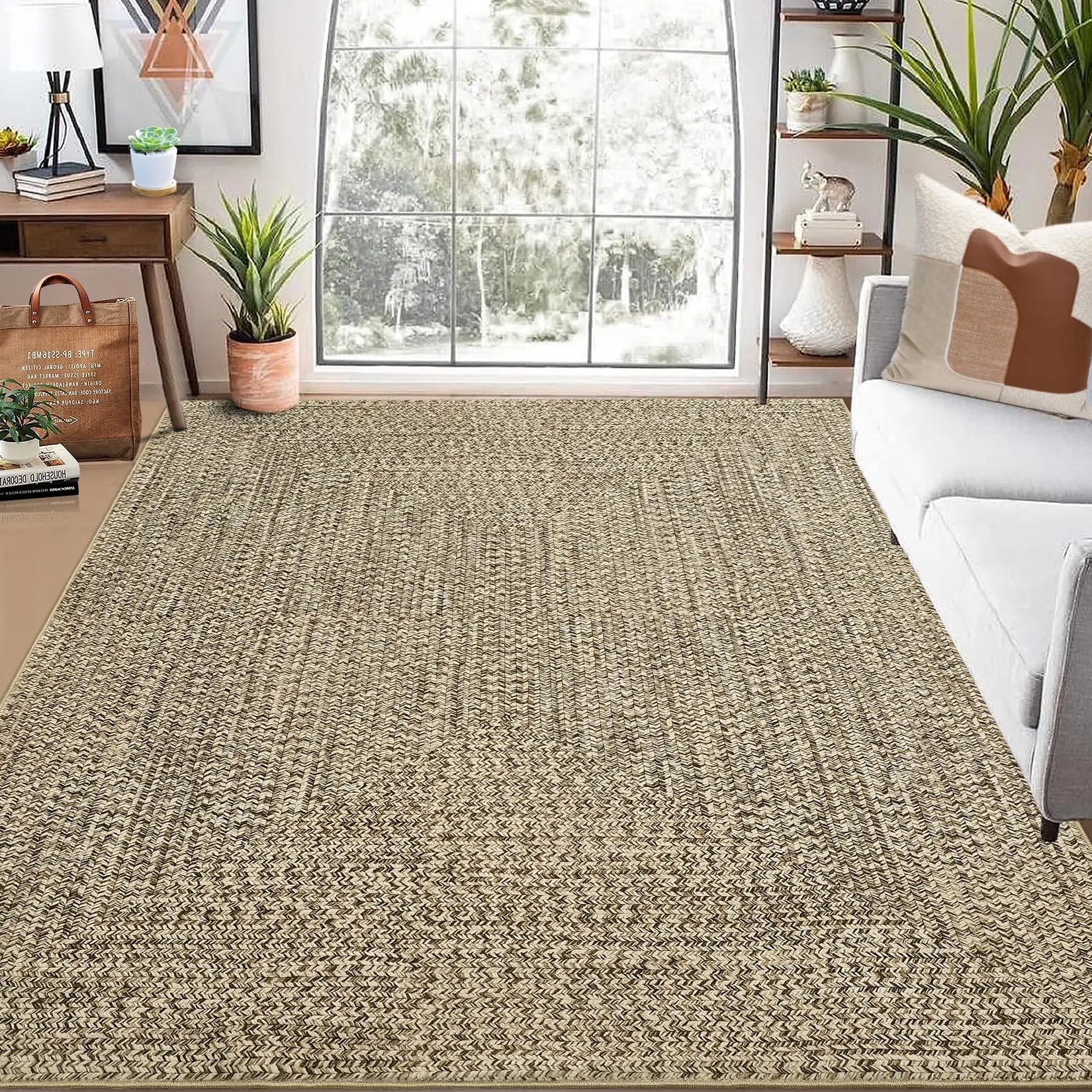Garvee Braided Print Rugs 5x7 Washable Area Rug Non Shedding Bedroom Rugs Stain Resistant Modern Floor Carpet Low Pile Country Woven Indoor Holiday Accent Rug for Living Room Home Office,Beige Camel