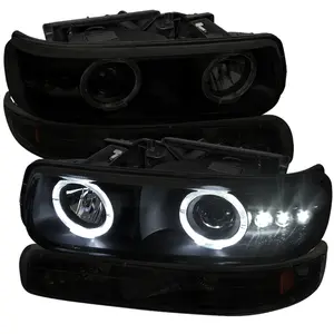 1999-2002 Chevrolet Silverado/ 2000-2006 Tahoe Suburban Dual Halo Projector Headlights w/ Bumper Lights (Black Housing/Smoked Lens)