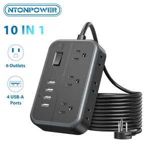 Flat Plug Extension Cord 10/25 Ft, NTONPOWER 6 Widely Spaced Outlet(2 Side) Power Strip with 4 USB Ports, Overload Protection, Wall Mount Charging Station for Home Office, Nightstand and dorm room, Black