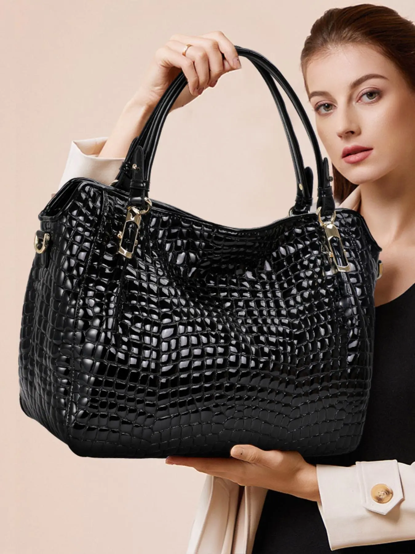 Women's Business Style Crocodile Embossed Handbag, Solid Color Large Capacity Bag, Fashionable Handbag for Work & Travel, Elegant Commuter Bag, Aesthetic Handbag, Chic Bag, Leather Handbag, Cowhide Leather Handbags