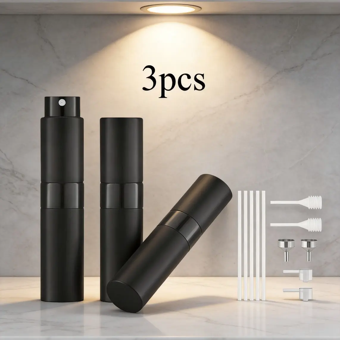 Compact Lightweight Cosmetic Travel Perfume Refillable Atomizer Set, 3Pcs 8ml Leak-Proof Spray Bottles with Accessories for Filling, Electroplated Aluminum Shell, Glass Inner Vial for On-the-Go Use