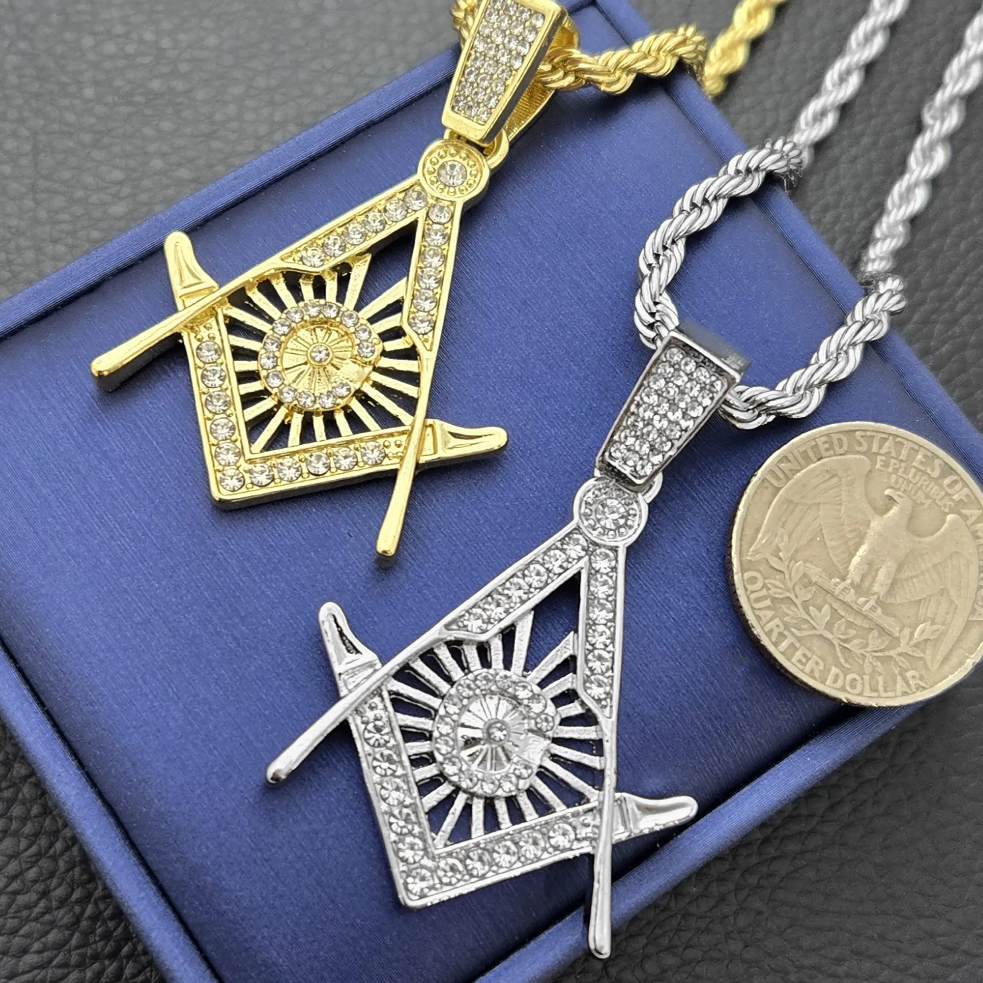 Men's Masonic Freemason Gold / Silver Plated Iced CZ Pendant & 4mm 24" Rope Chain Hip Hop Necklace Jewelry
