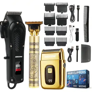 WEEME 3pcs Men'S Professional Hair And Beard Grooming Set, Featuring Hair Clippers,Trimmer, And Shaver, USB Rechargeable with LCD Display - Ideal for Home, Travel, And Gifts for Men - Available in Black And Gold Officia